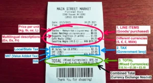 Receipt with highlighted sections: line items, taxes, and mixed currency total, demonstrating OCR data extraction