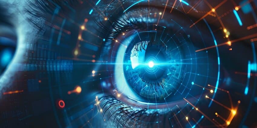 Close-up of a human eye with digital data overlays, symbolizing AI and advanced OCR technology