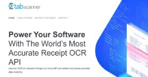 Tabscanner logo and website homepage with "Power Your Software With The World's Most Accurate Receipt OCR API" headline,