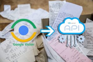 Google Vision logo and receipts transforming into Tabscanner API cloud with gears, symbolizing data classification