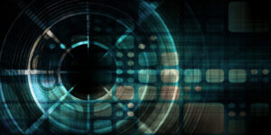 Abstract digital design with glowing blue circles, squares, and grid lines on a dark background