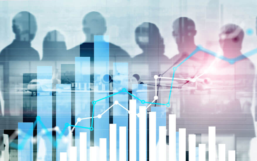 Silhouettes of people in an airport with overlaid bar charts and line graphs, symbolizing financial data