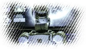 Close-up of a humanoid robot, its head and upper torso visible, with a halftone overlay