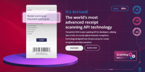 Website banner for Tabscanner's receipt OCR API, showing a receipt with scanning options and progress indicators