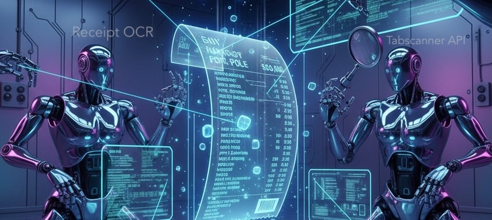 Two robots interacting with a holographic receipt and data, one labeled "Receipt OCR," the other "Tabscanner API
