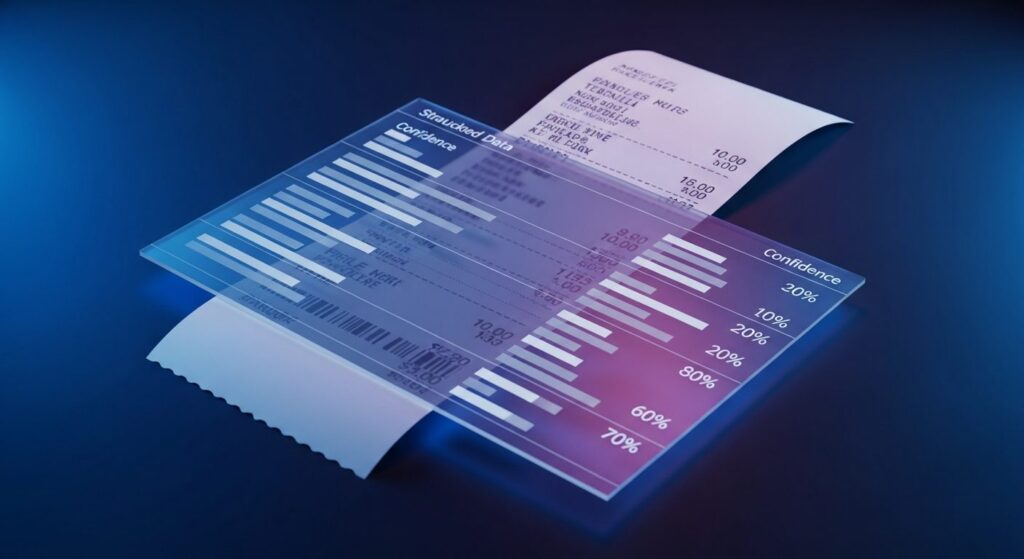 A receipt laid flat beside a structured data panel showing parsed fields and confidence scores, lit in blue and violet