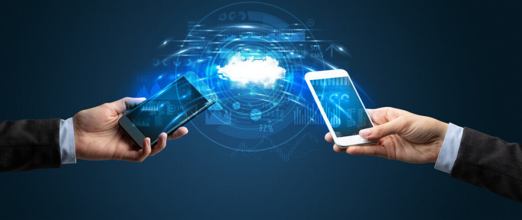 Hands holding smartphones, connected to a cloud with data security graphics