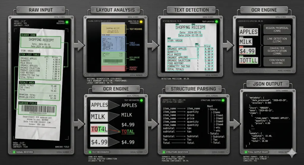 Diagram of a receipt OCR pipeline: raw input, layout analysis, text detection, OCR engine, structure parsing, JSON output