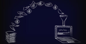 Chalk drawing: paper documents funnel into a laptop, saving with a progress bar, symbolizing OCR