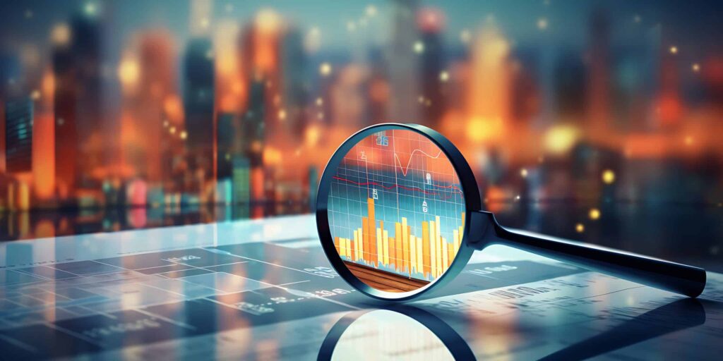 Magnifying glass over a financial document with a city skyline background, showing data analysis