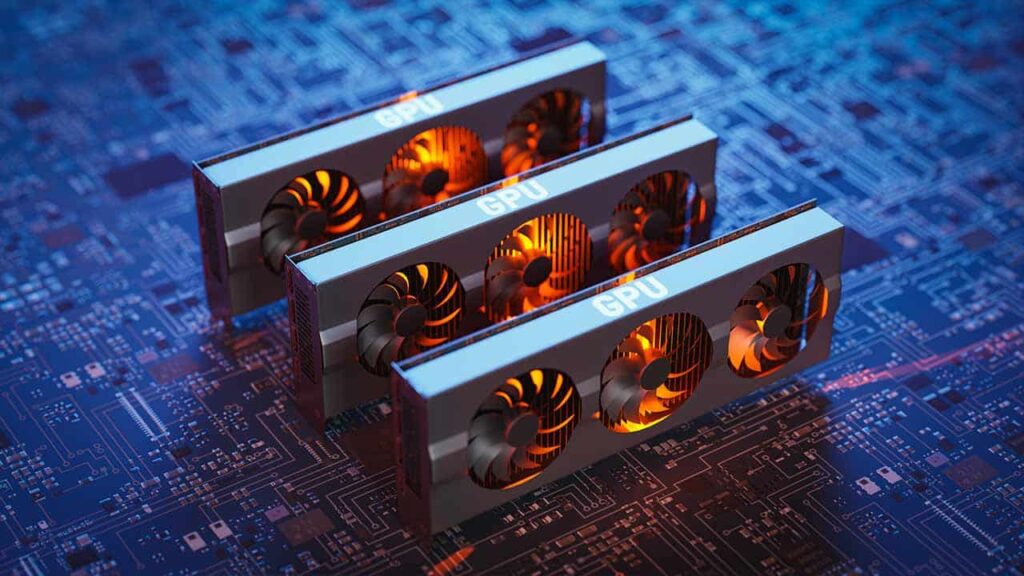 Three GPUs with glowing orange fans on a blue circuit board, symbolizing powerful computing