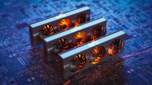 Three GPUs with glowing orange fans on a blue circuit board, symbolizing powerful computing