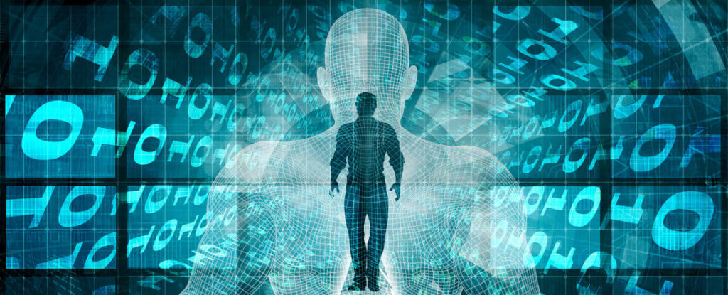 Digital human silhouette and wireframe over binary code, representing data and technology