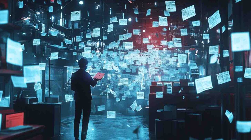Man in a dark room surrounded by floating digital documents, holding a glowing red tablet
