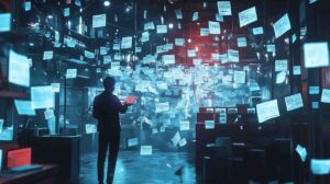 Man in a dark room surrounded by floating digital documents, holding a glowing red tablet
