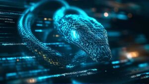 A glowing blue digital snake with hexagonal scales slithers through lines of code