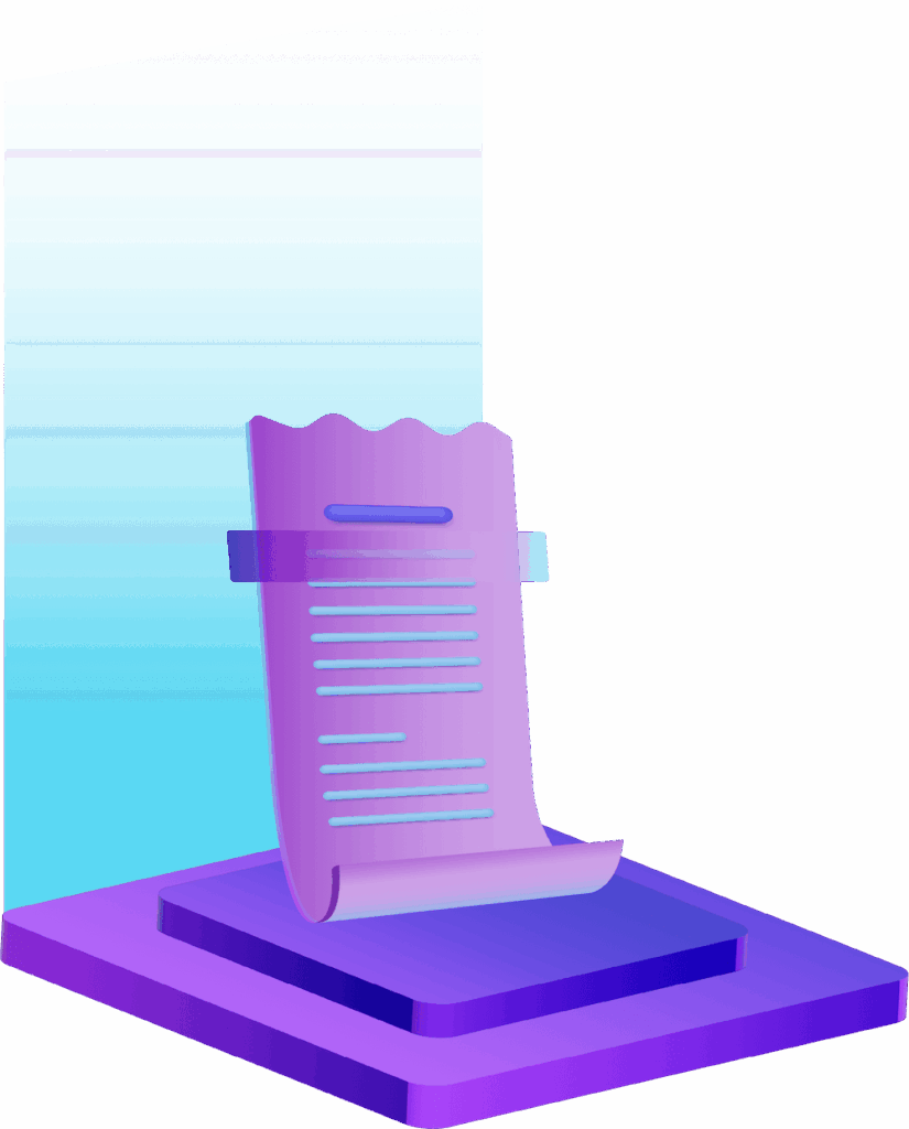 A purple receipt with blue text is held by a clear band, resting on a purple platform