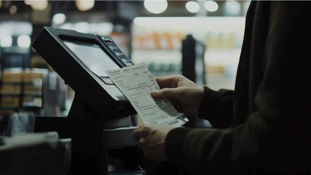 A person holds a long receipt, reviewing it at a checkout counter with a POS system