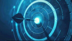 Dart hitting the bullseye of a glowing blue target, symbolizing accuracy