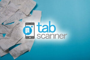A smartphone icon with a receipt symbol, "tab scanner" text, and scattered paper receipts