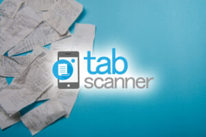 A pile of paper receipts next to a smartphone icon and the "tab scanner" logo