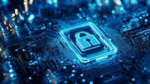 Glowing blue circuit board with a digital padlock icon, symbolizing data security