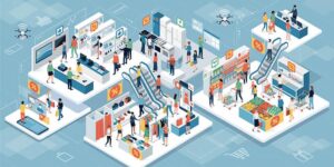 Isometric mall with shoppers, stores, escalators, and technology like drones and screens