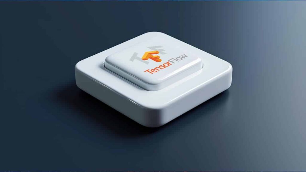 White button with the orange TensorFlow logo and text, on a dark blue surface