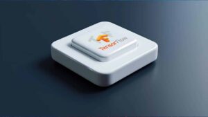 White button with the orange TensorFlow logo and text, on a dark blue surface